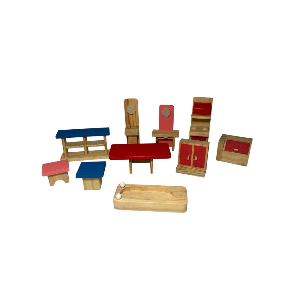 Wooden Dollhouse Furniture Lot 10 pcs Bedroom Kitchen Family Room Bathroom